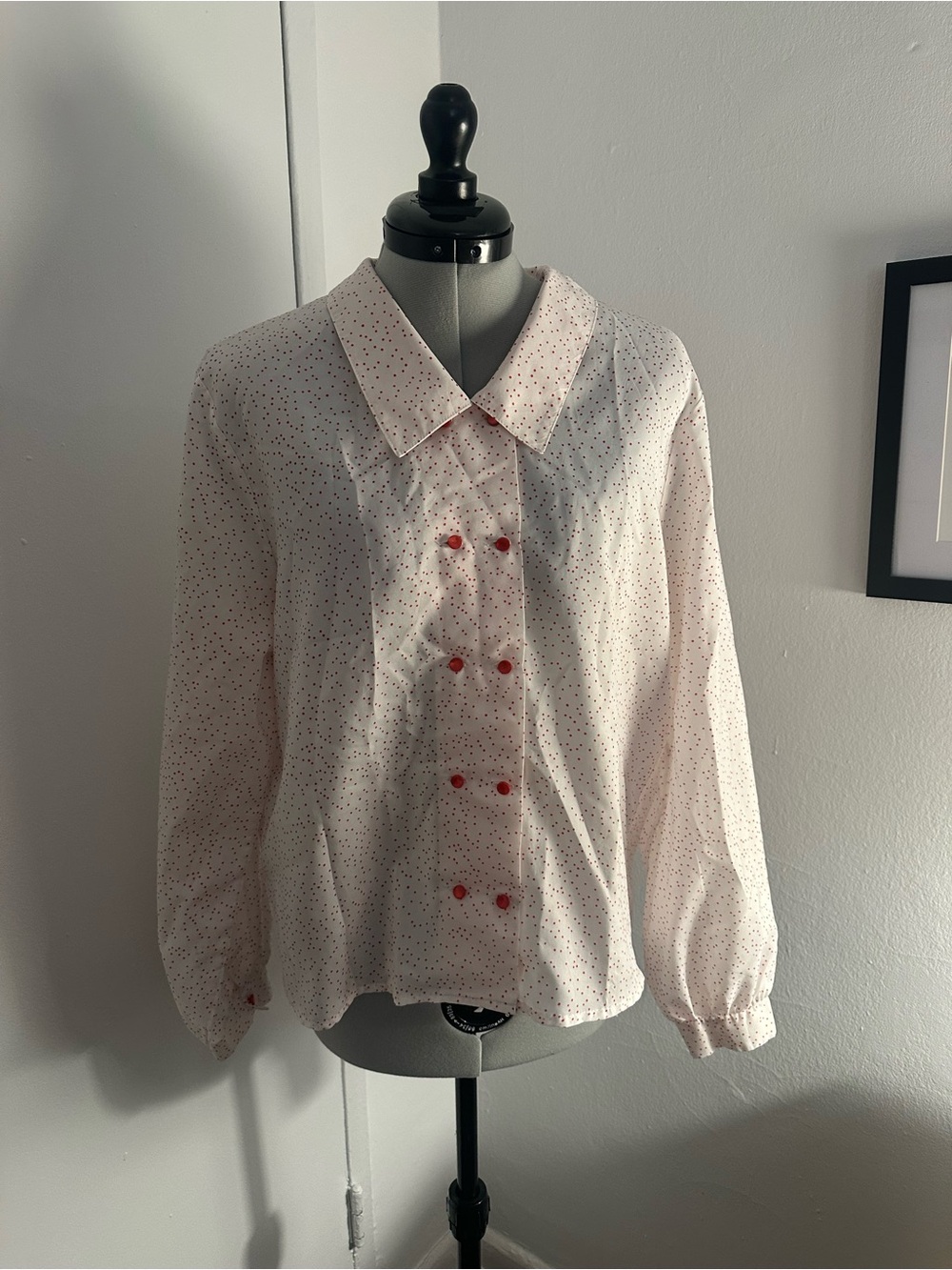 Vintage white blouse with red polka dots and double buttons